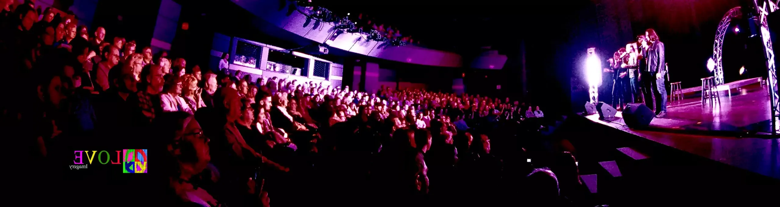 Interior of the Grunin Center theatre with a full audience, lighted stage and performers at the edge of the stage. Logo for Love Imagery includes peace sign.